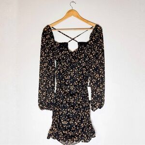 New All in Favor Black w/ Tan Polka Mini Ruched  Long Sleeve Dress in Small